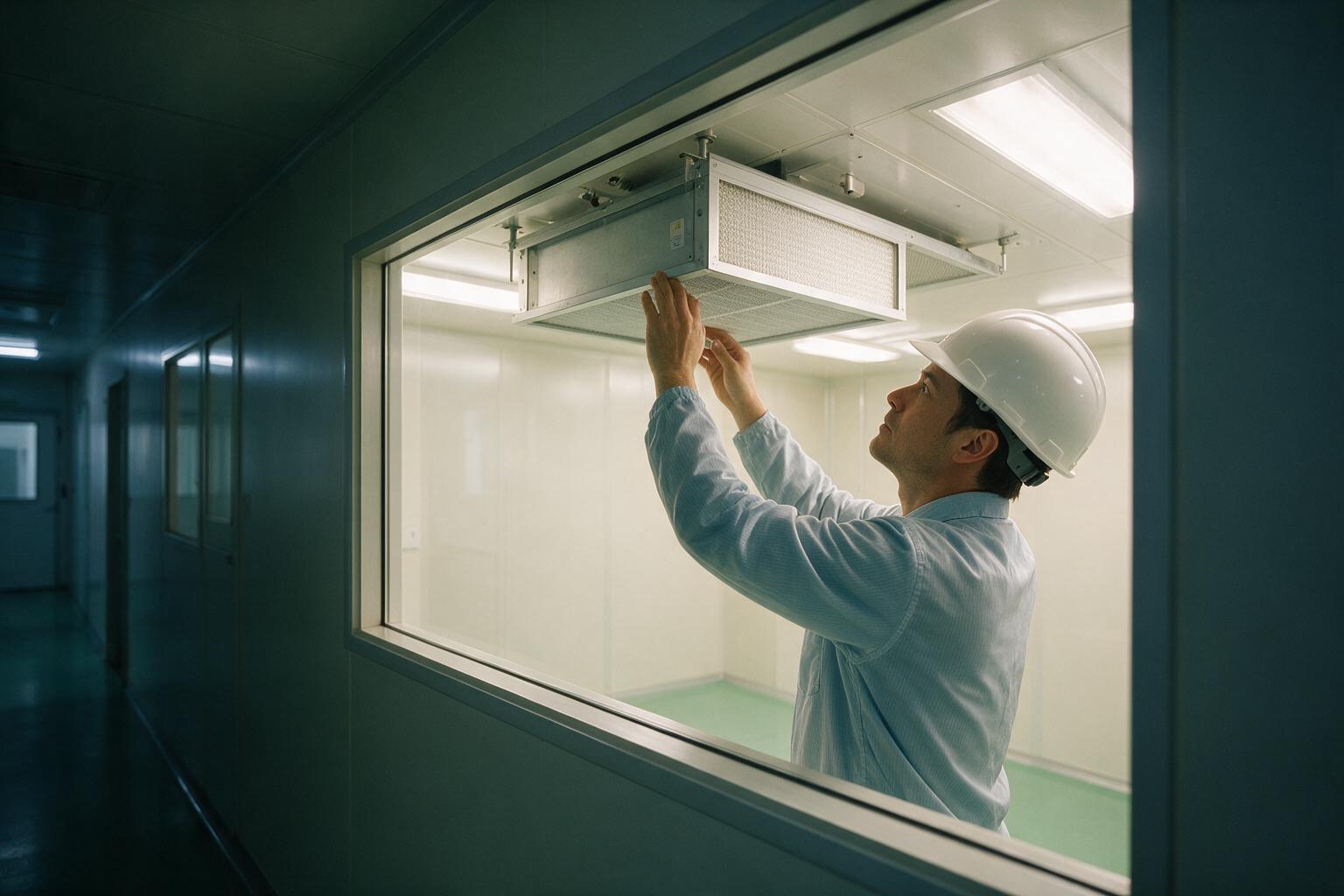 Engineer inspecting a ceiling HEPA filter through a cleanroom observation window