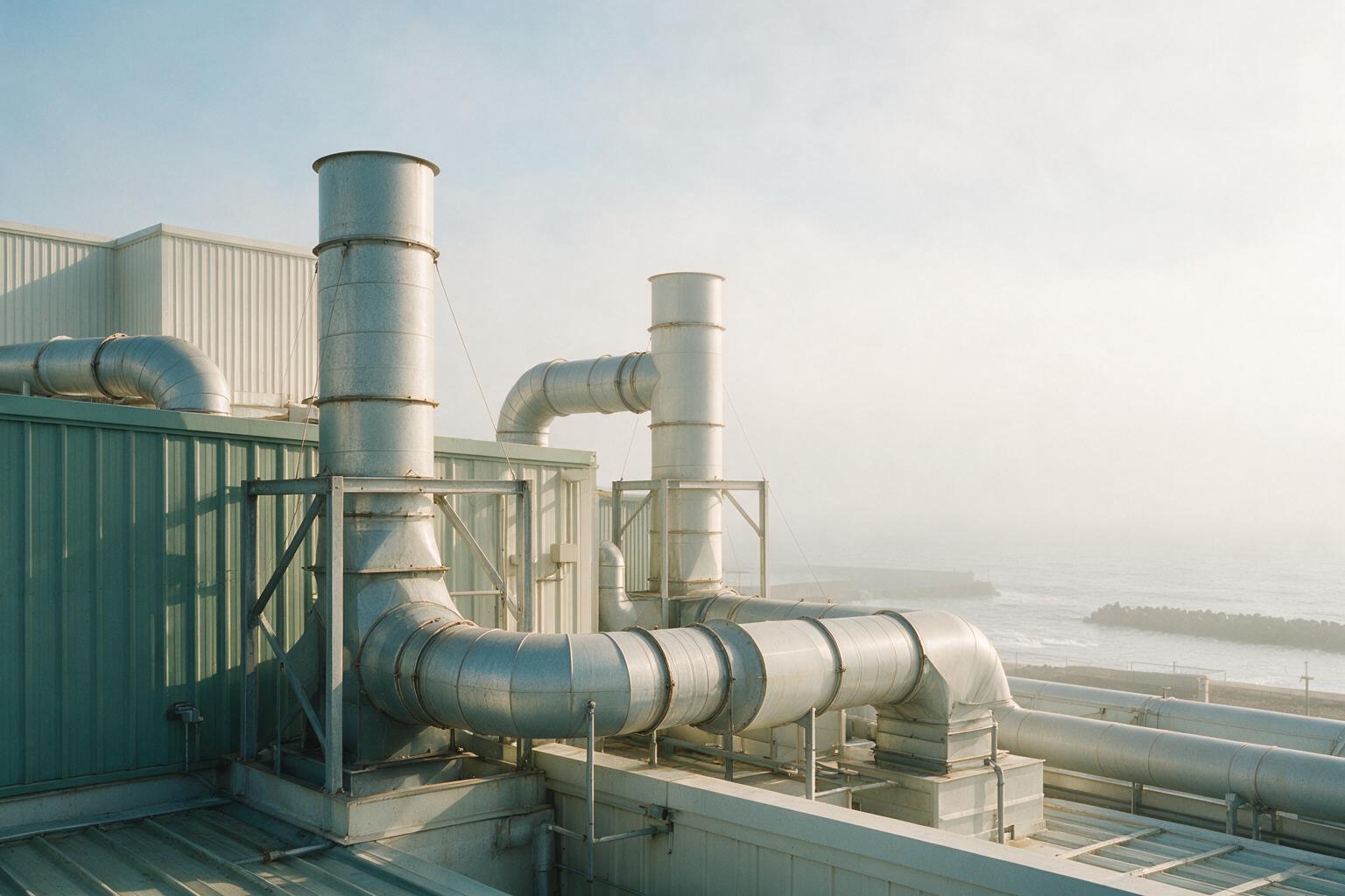 Coastal industrial plant ductwork standing in sea mist