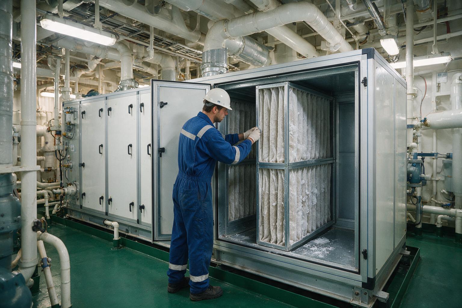 Offshore air handling unit opened for inspection, bag filters showing salt deposits