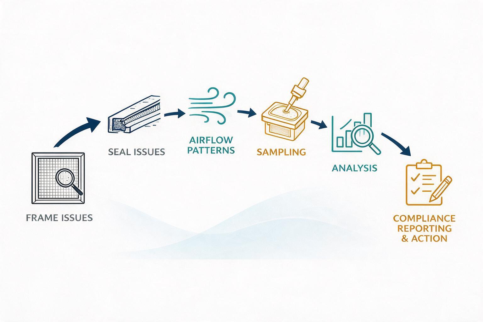 flowchart: Frame, Seal, and Airflow: Where HEPA Filter Efficiency Gets Lost: sampling, analysis, and compliance reporting workflow