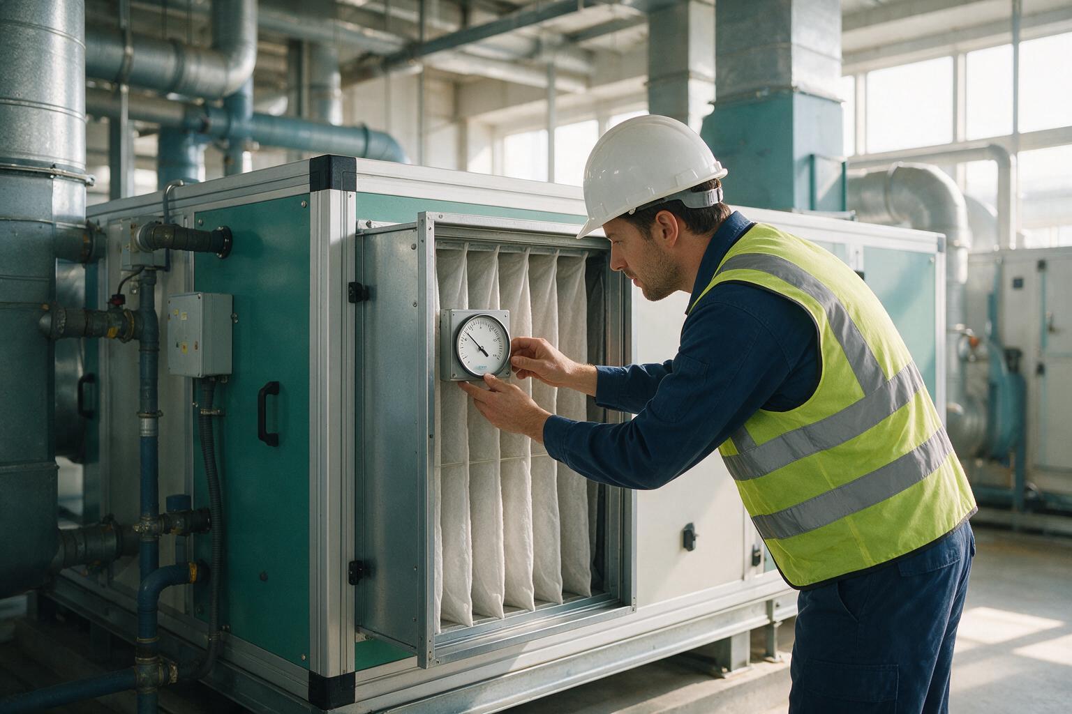 Engineer reading the pressure gauge on an air handling unit filter section