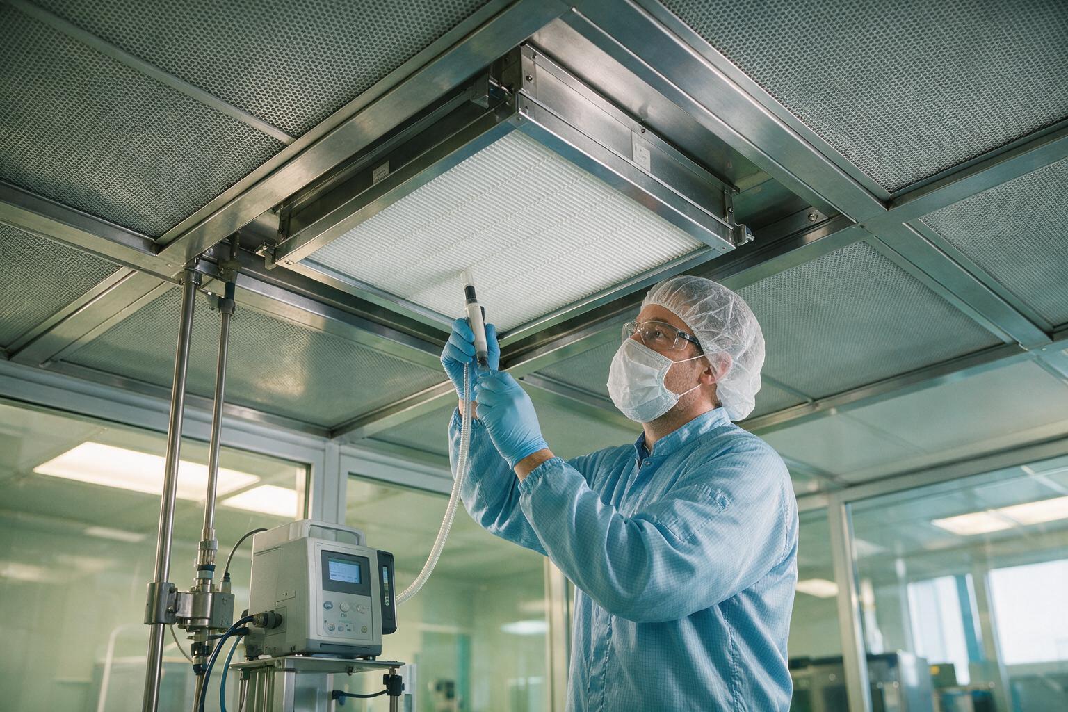 HEPA filter cassette installed in a cleanroom ceiling grid