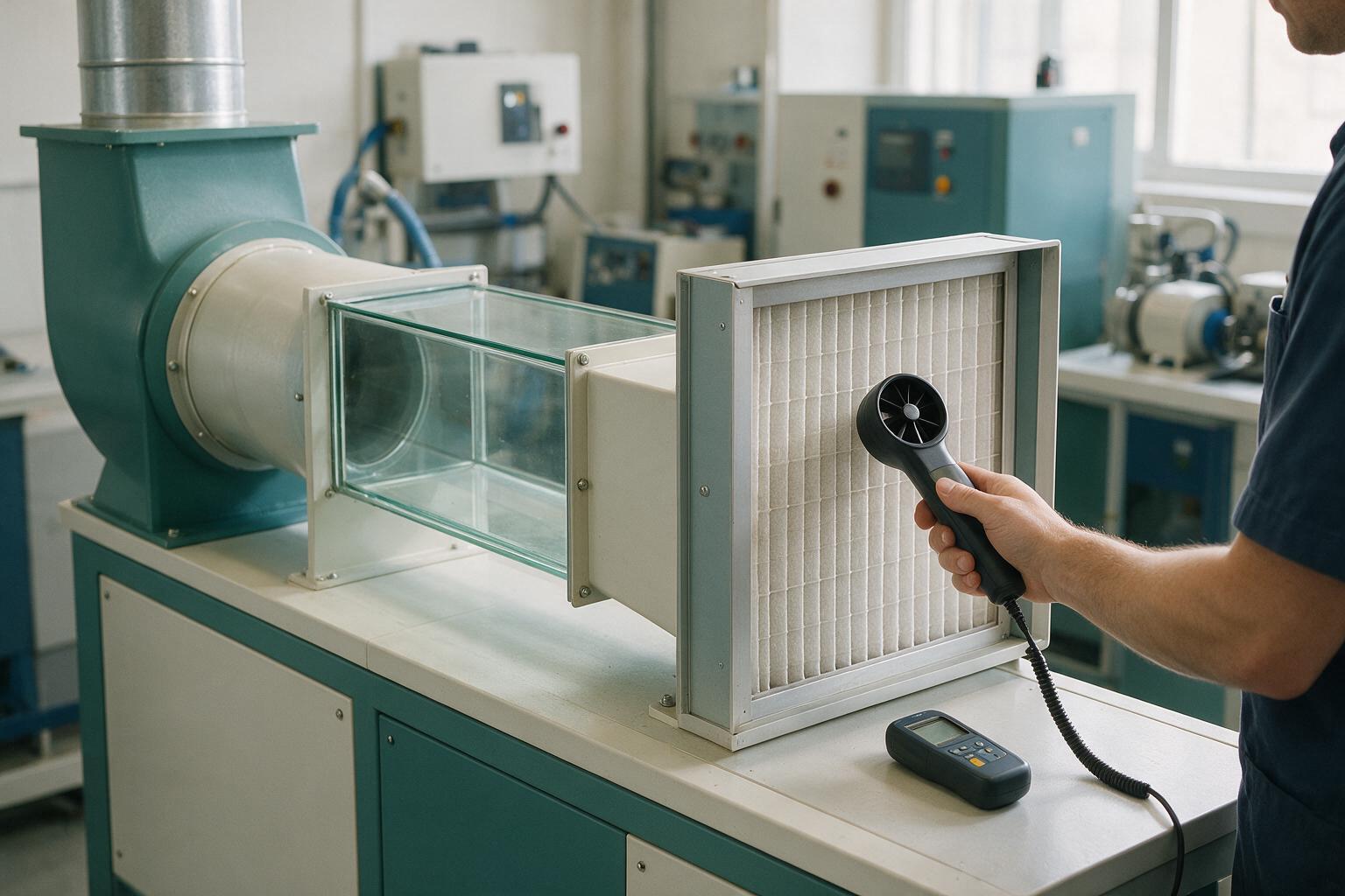 Anemometer measurement taken at a filter face inside a test duct