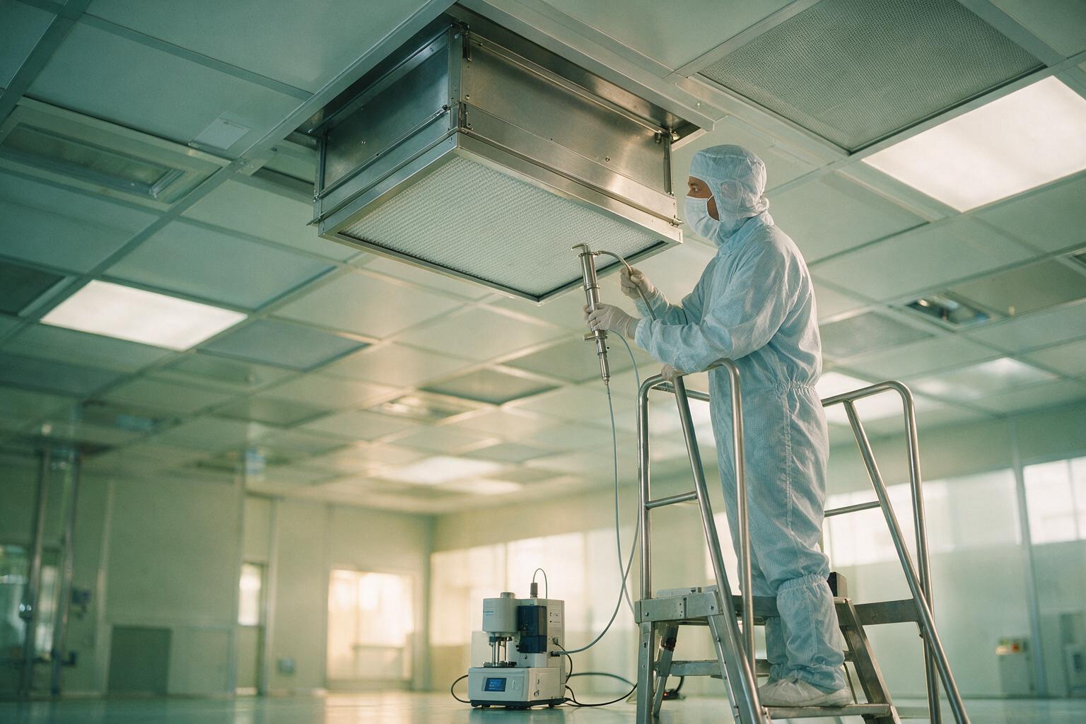 V-Bank HEPA filter terminal installation in a semiconductor cleanroom ceiling