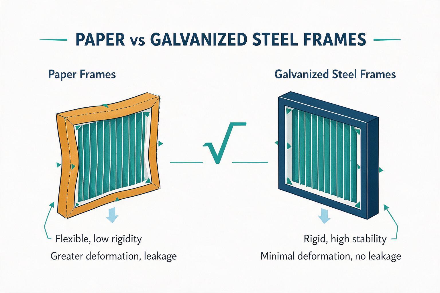 compare: paper filter frame versus galvanized steel filter frame in an air handling unit
