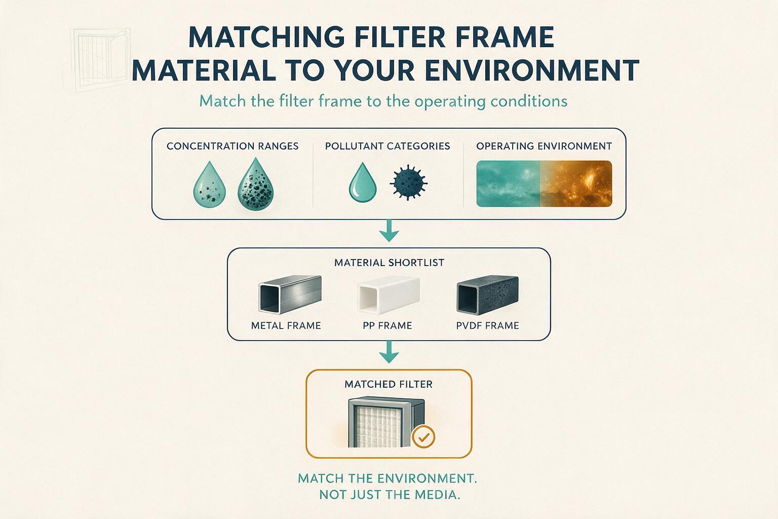 infographic: How to Match Filter Frame Material to Your Operating Environment: classification, concentration ranges, and pollutant categories