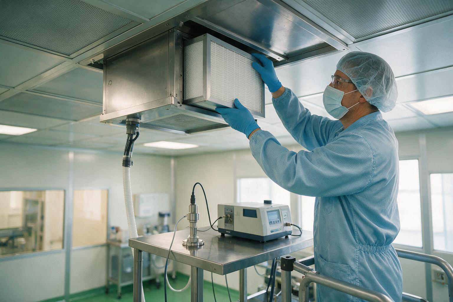 technician replacing HEPA filter in cleanroom