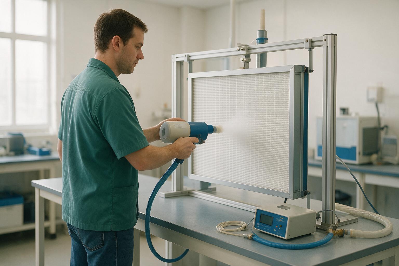 Technician scan-testing a HEPA filter with an aerosol generator on a test rig