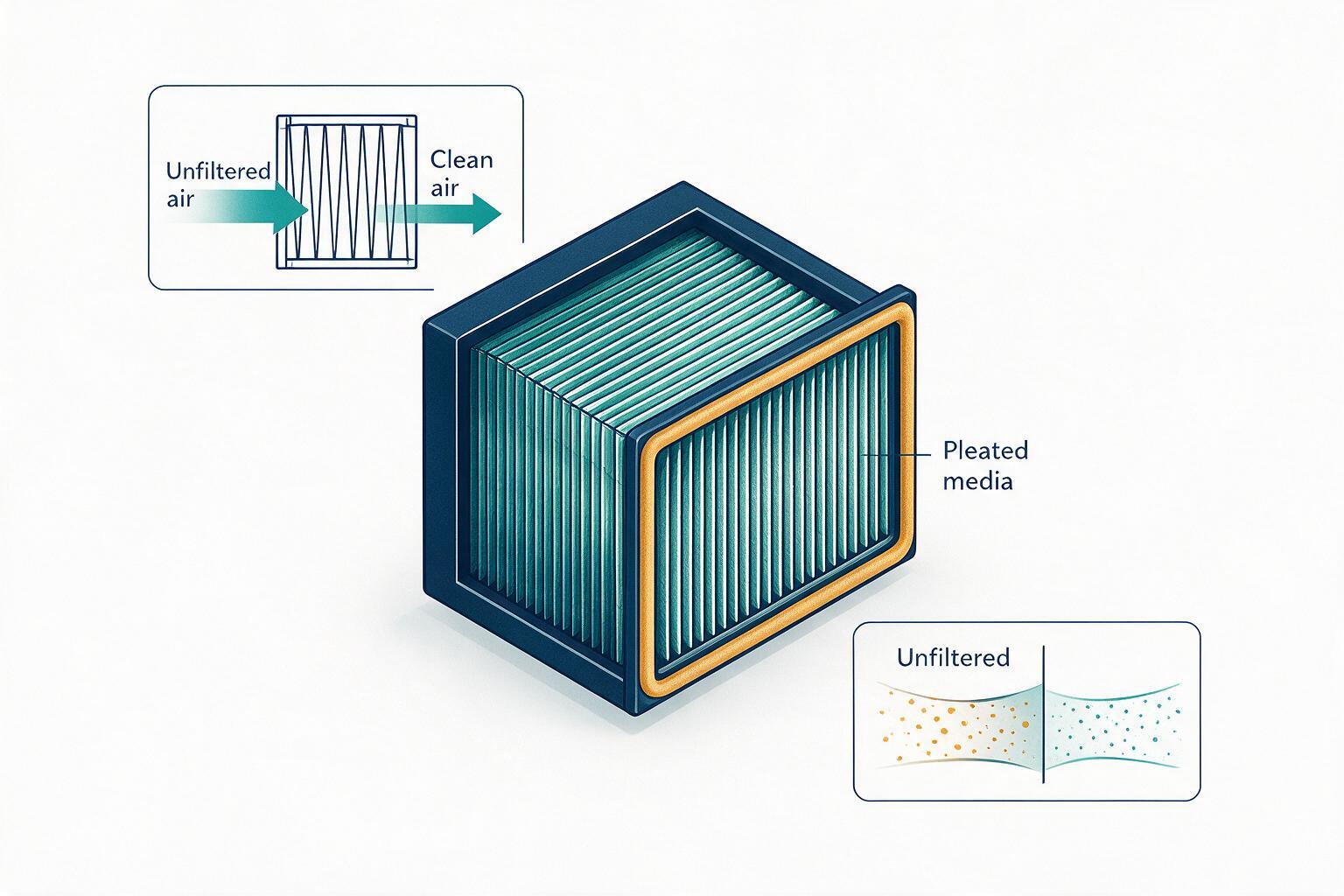 infographic: HEPA filter cassette cross-section with pleated media, frame, and gasket
