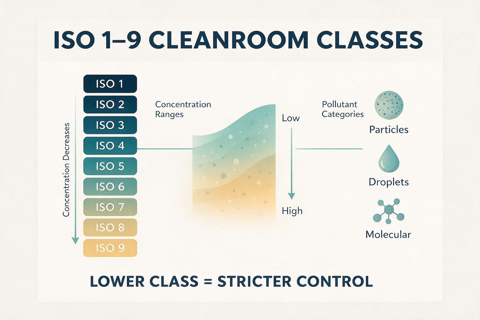 infographic: ISO 1–9 Cleanroom Classes: Reading the Concentration Table: classification, concentration ranges, and pollutant categories