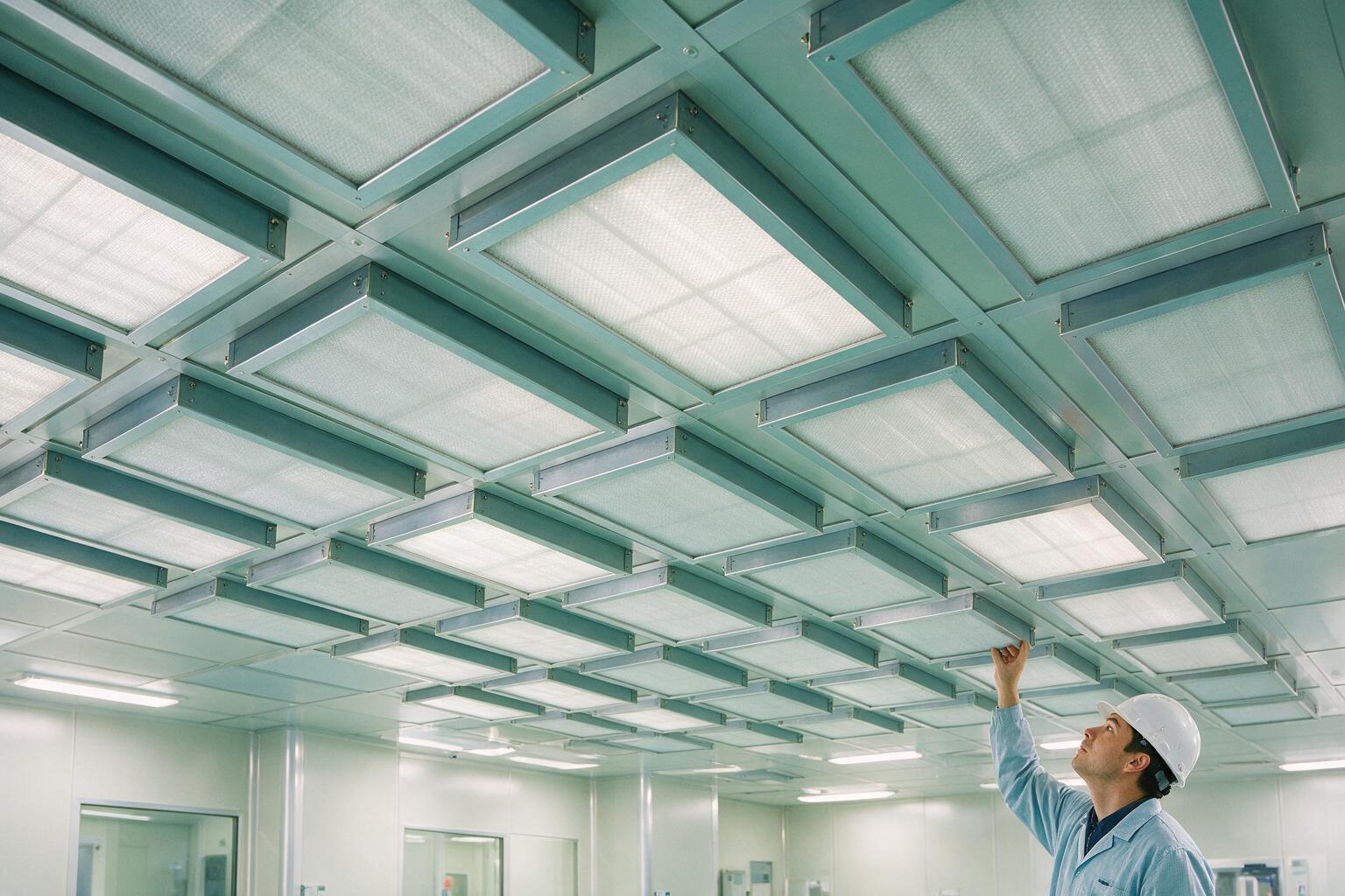 Cleanroom ceiling FFU array with an engineer inspecting the filters below