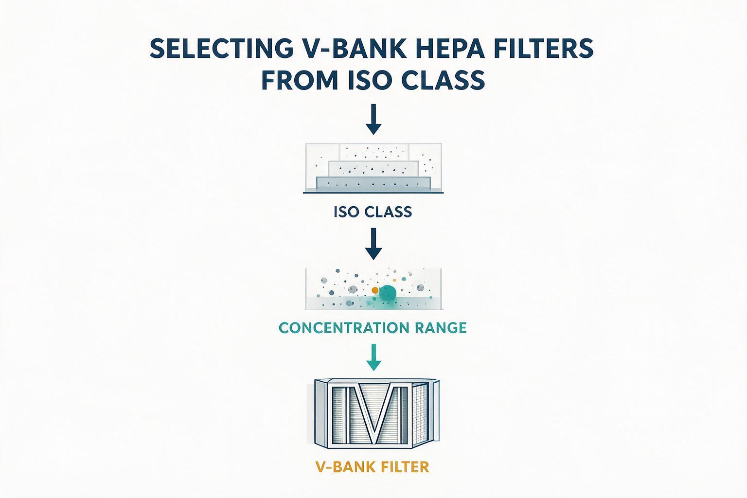 infographic: Working Backwards from ISO Class to V-Bank HEPA Filter Selection: classification, concentration ranges, and pollutant categories