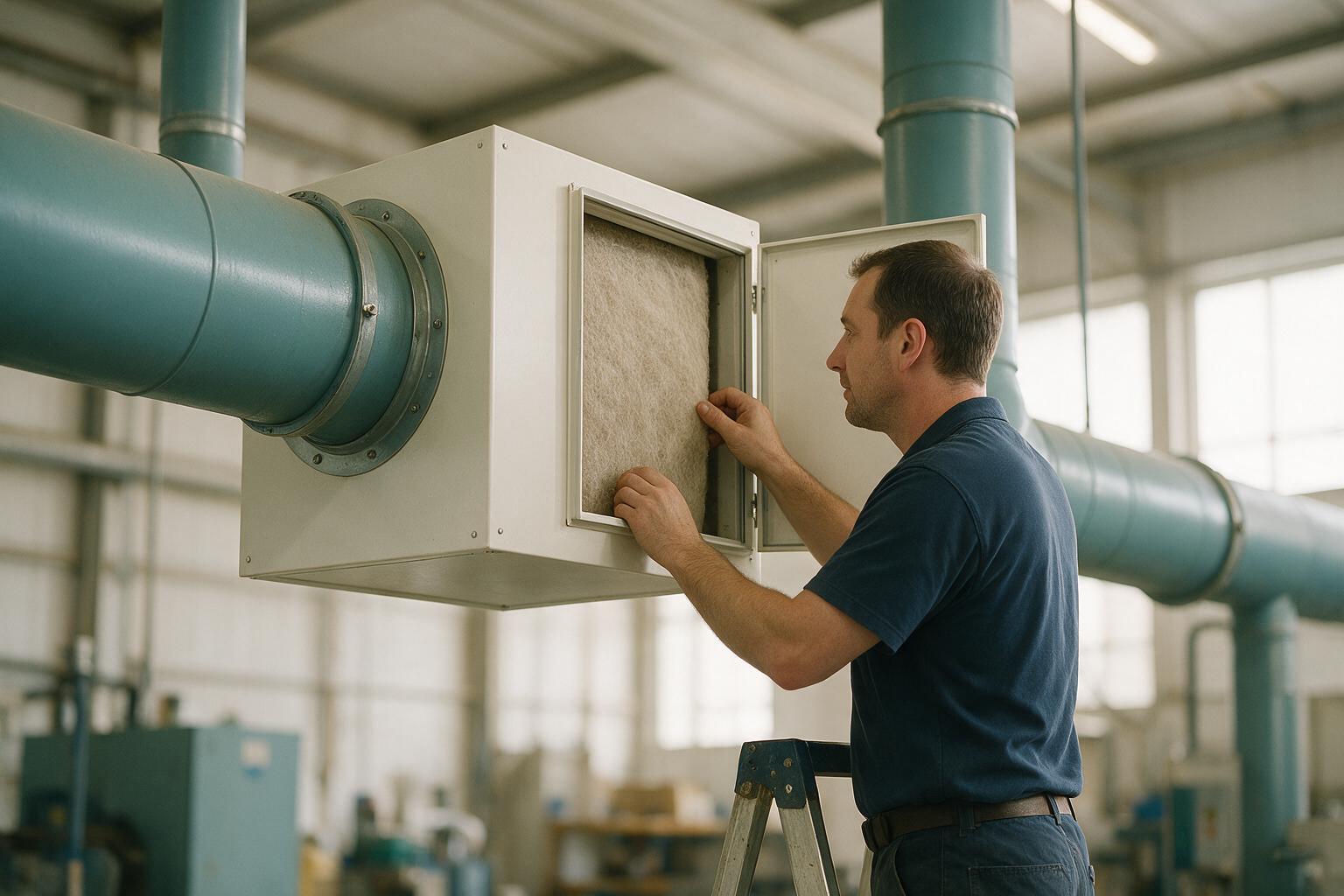 Maintenance access to a duct-mounted air filter housing in a workshop