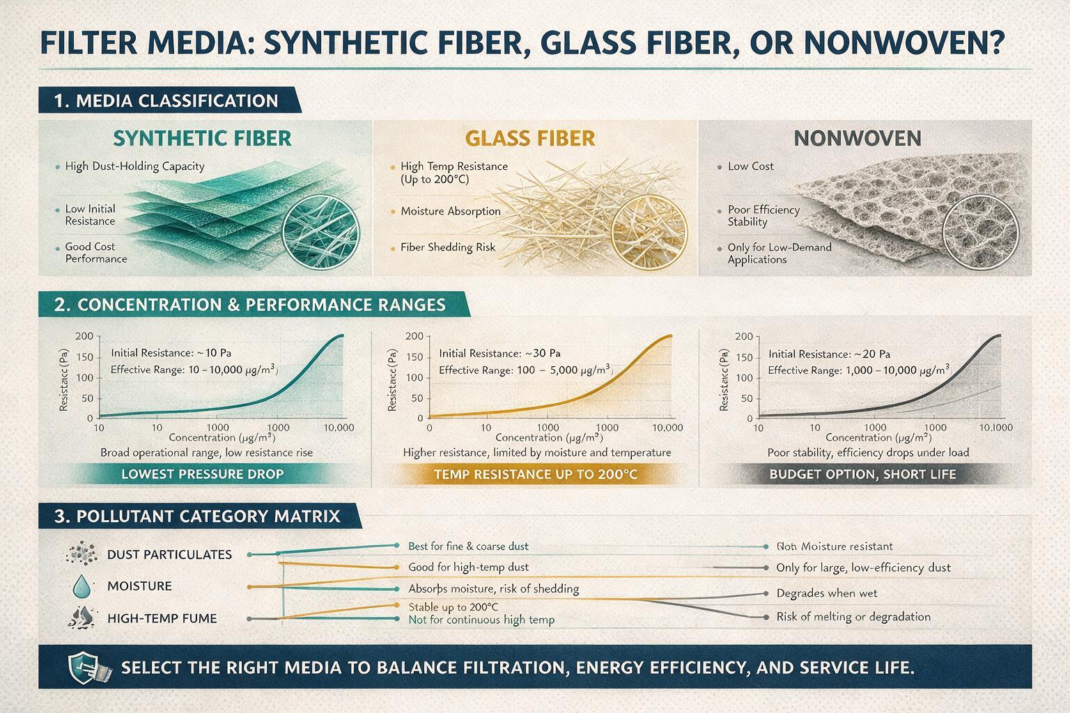 infographic: Filter Media: Synthetic Fiber, Glass Fiber, or Nonwoven?: classification, concentration ranges, and pollutant categories