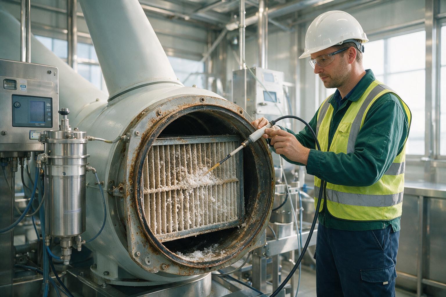offshore wind turbine nacelle intake after salt and spray exposure, with a corroded frame and a loaded filter element