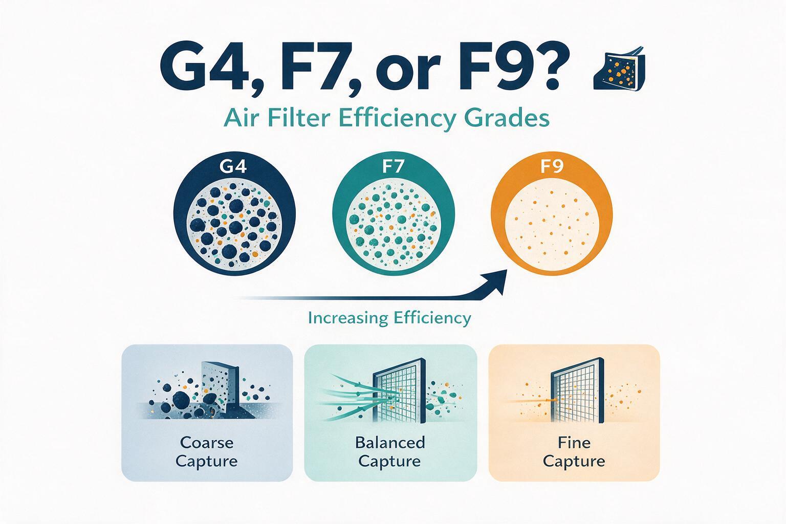 infographic: Efficiency Grades: G4, F7, or F9?: classification, concentration ranges, and pollutant categories