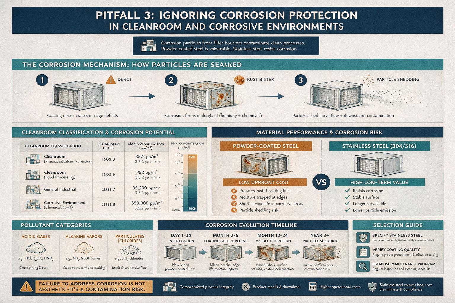 infographic: Pitfall 3: Ignoring Corrosion Protection in Cleanroom and Corrosive Environments: classification, concentration ranges, and pollutant categories