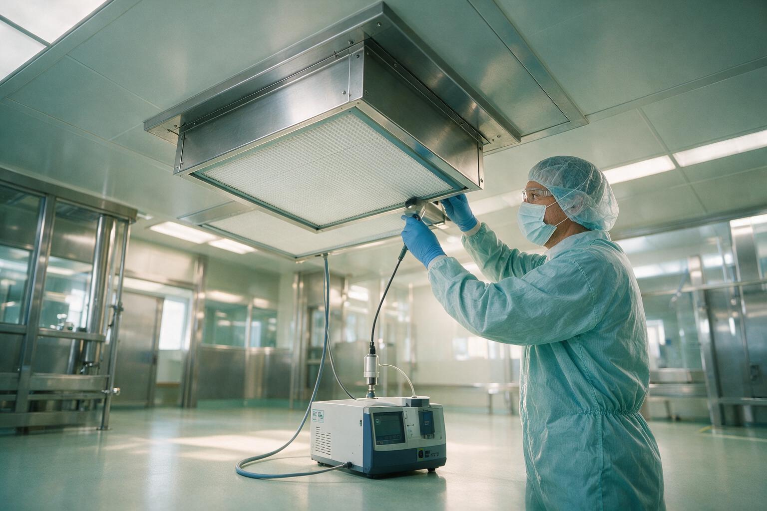 H13 HEPA filters installed in a pharmaceutical cleanroom ceiling