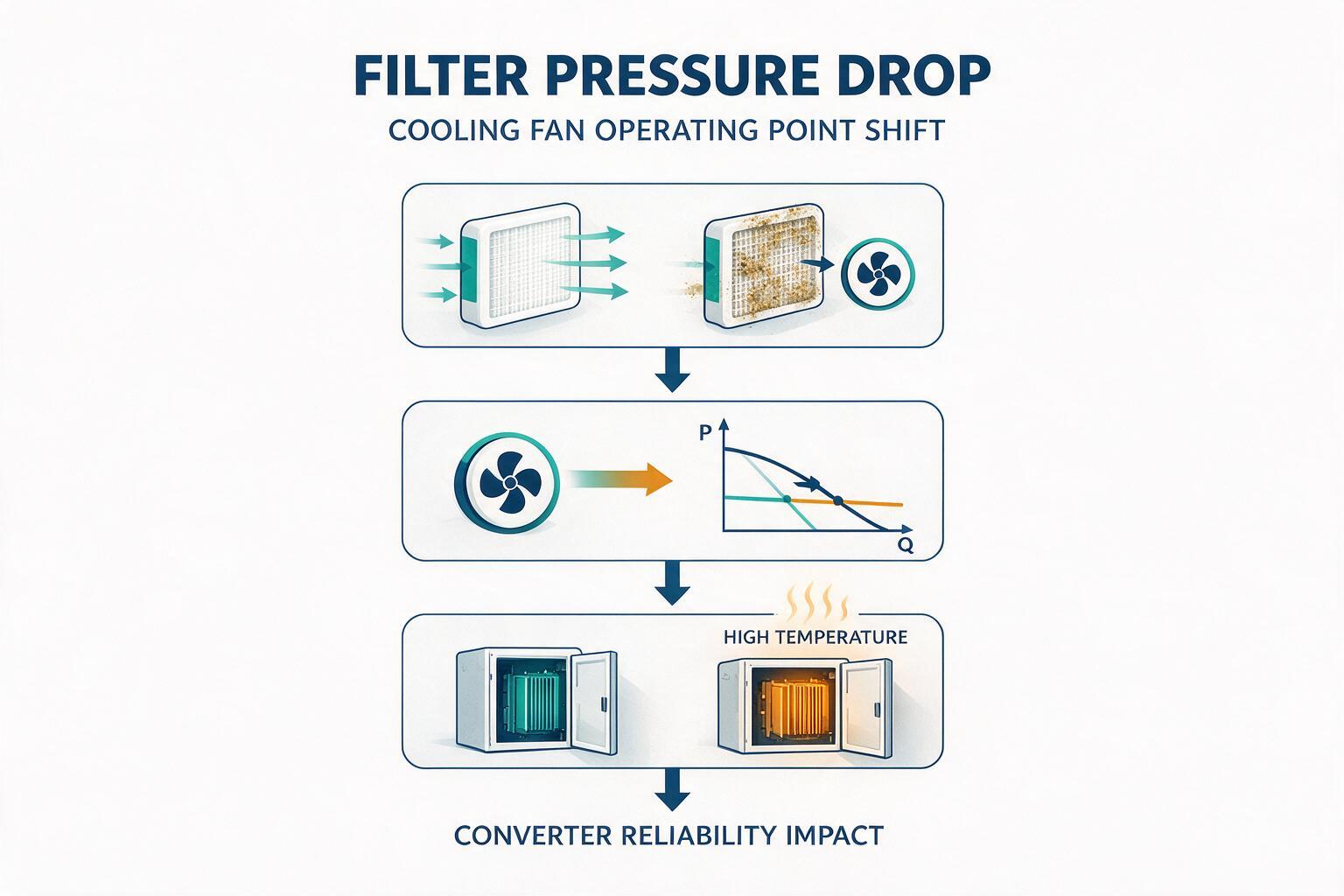 infographic: how rising wind turbine filter pressure drop shifts the cooling fan operating point and raises converter cabinet temperature