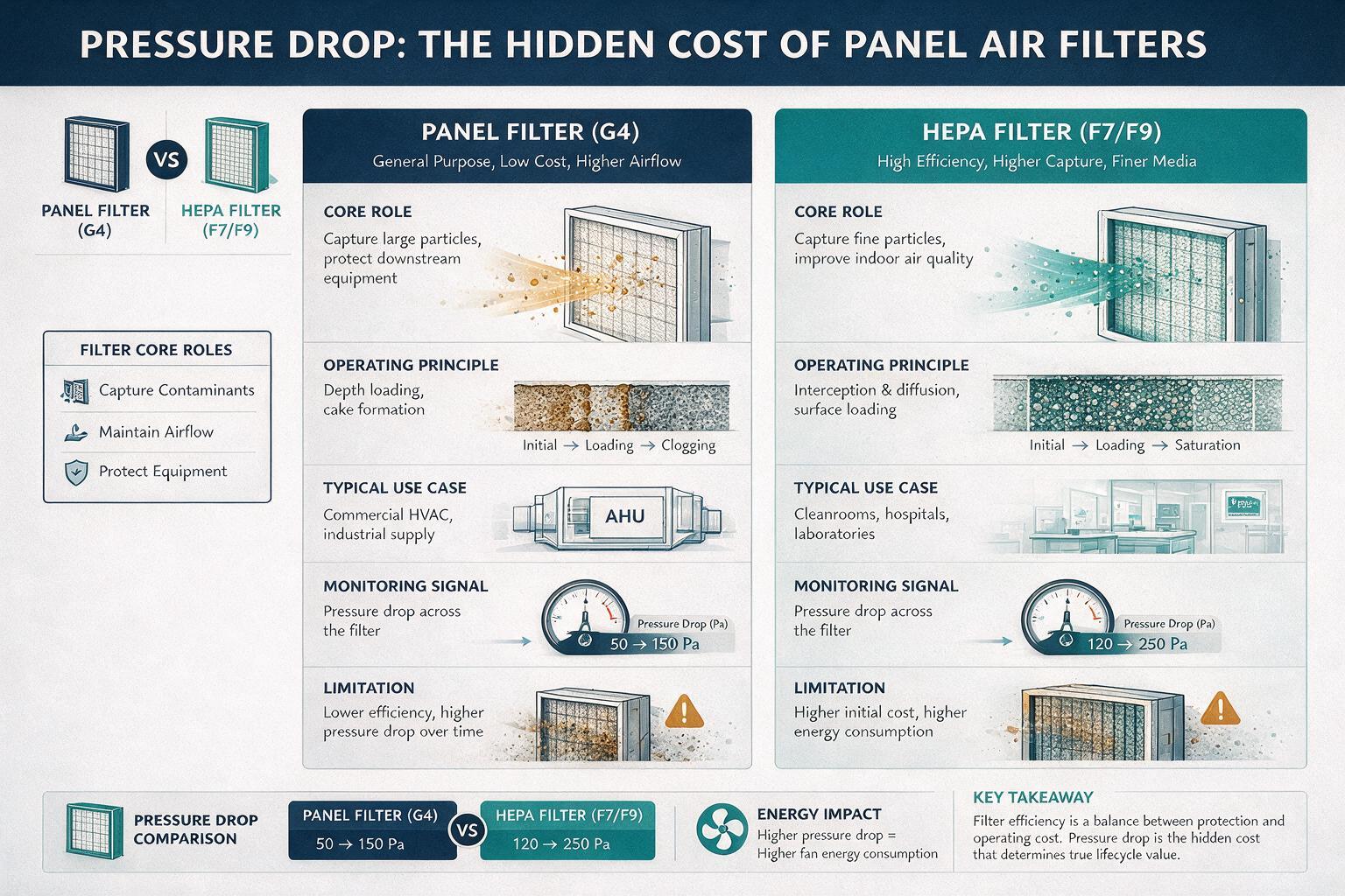compare: Pressure Drop: The Hidden Cost of Panel Air Filters: filter roles, operating principles, and monitoring signals