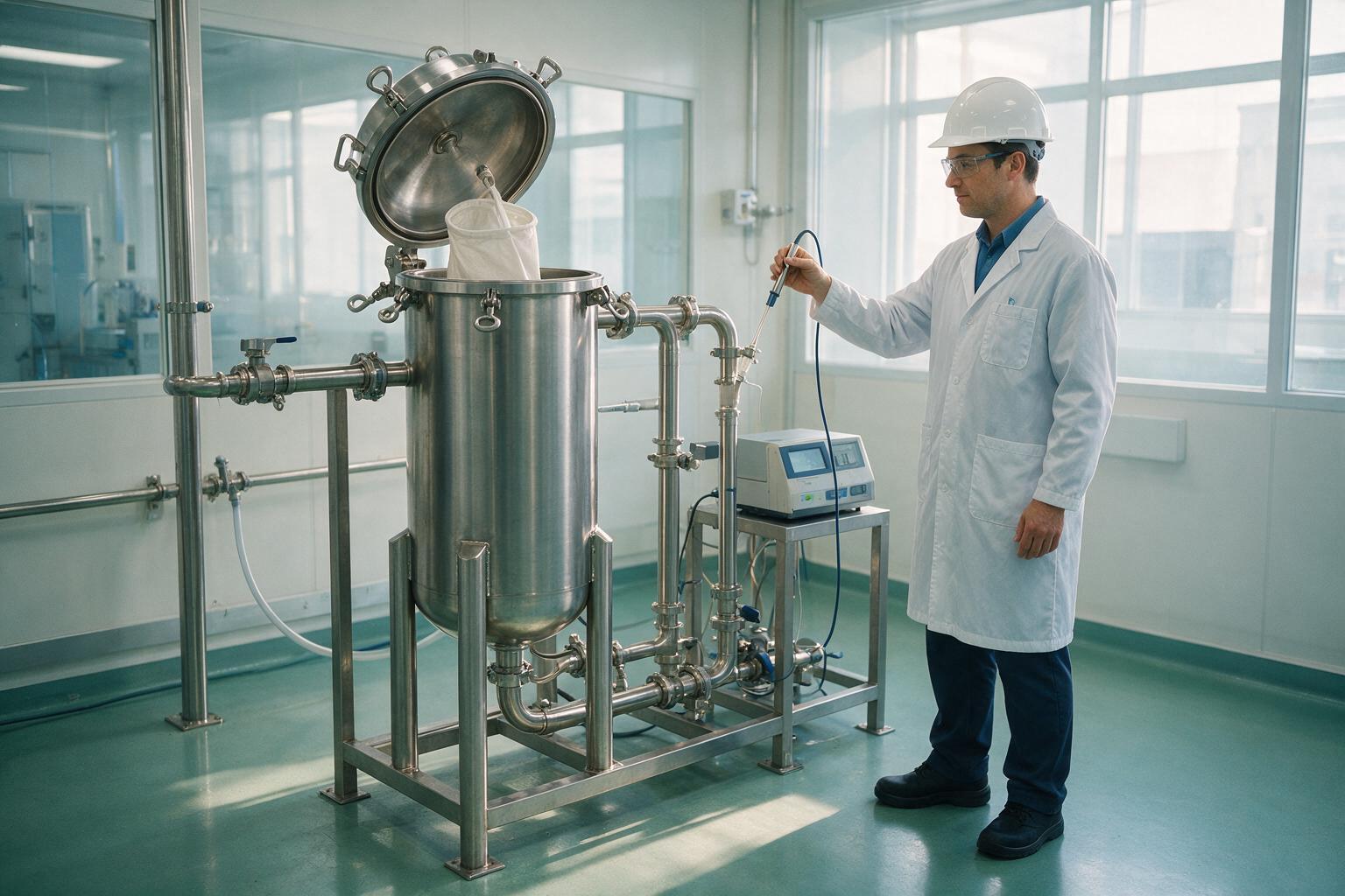 Bag filter housing in a liquid filtration system