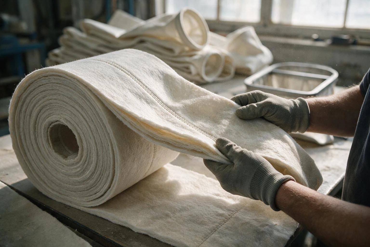 Gloved hands checking the thickness and stitching of a roll of synthetic bag filter media on a workshop bench