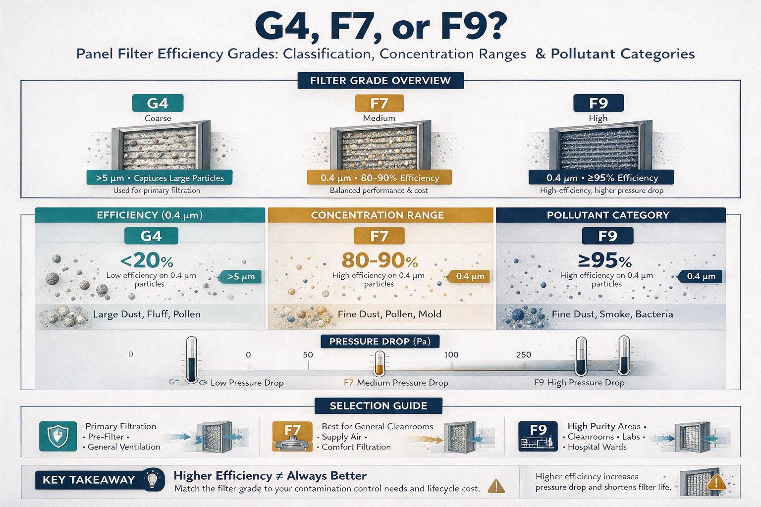 infographic: Efficiency Grades: G4, F7, or F9?: classification, concentration ranges, and pollutant categories