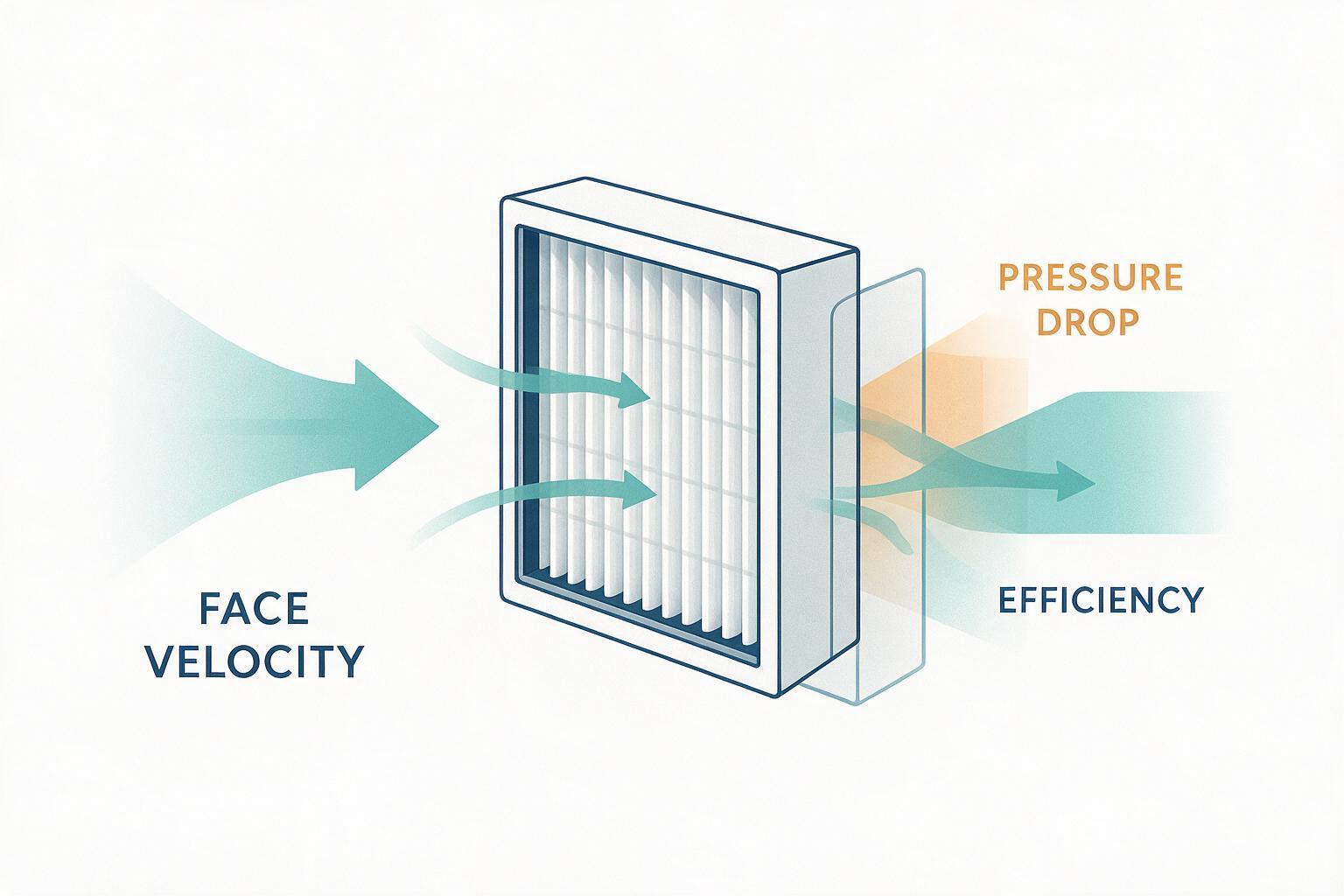 infographic: H13 HEPA filter core specs including efficiency, pressure drop, and face velocity
