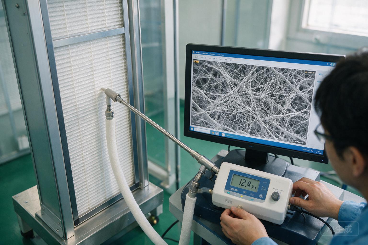 infographic: SEM image of glass fiber filter media showing uniform fine fibers and high porosity