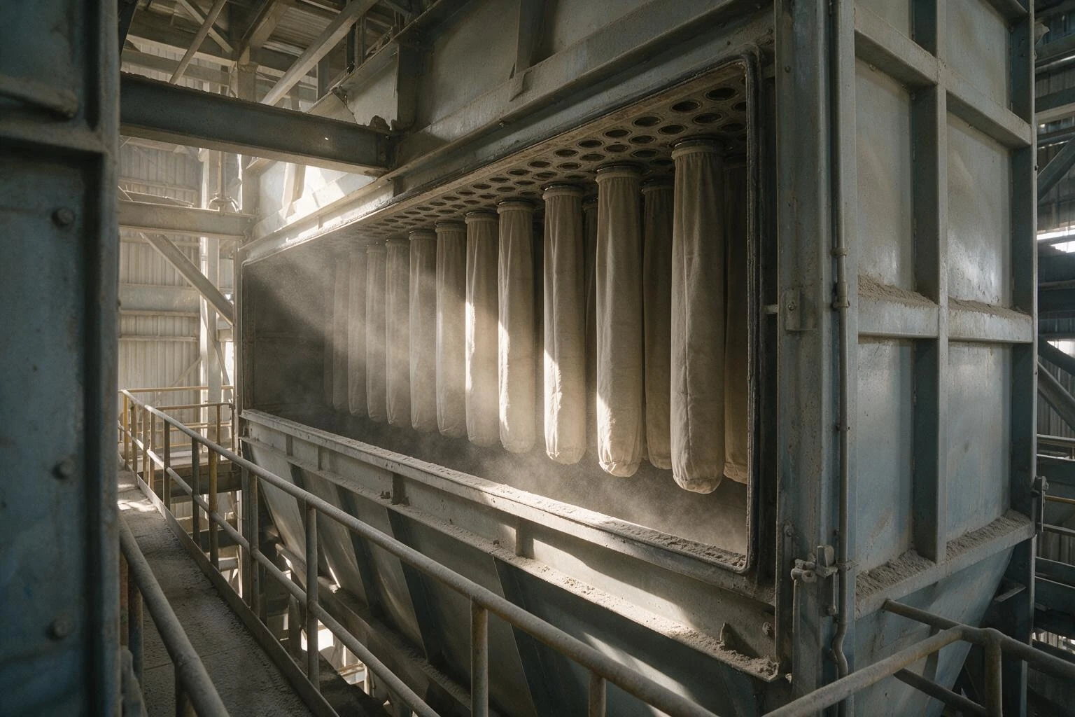 Rows of fabric filter bags hanging inside an open baghouse dust collector, seen from the maintenance walkway